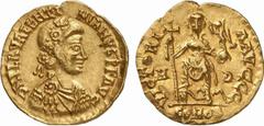 RÖMISCHE MÜNZEN (ROMAN COINS) MÜNZEN DER RÖMISCHEN KAISERZEIT Valentinianus III., 425-455. AV-Solidus, 430/455, Mediolanum; 4.39 g. Drapierte Büste r. mit Rosettendiadem//Kaiser steht v. v. mit Langkr