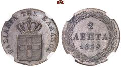 EUROPÄISCHE MÜNZEN UND MEDAILLEN GRIECHENLAND. Otto I., 1832-1862. Ku.-2 Lepta 1839, Athen. In US-Plastikholder der NGC mit der Bewertung MS 63 BN (5773275-009). Divo 25 g; Karamitsos 45. Sehr selten 