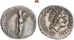 RÖMISCHE MÜNZEN IMPERATORISCHE PRÄGUNGEN. Marcus Antonius, † 30 v. Chr. AR-Denar, 38 v. Chr.., Athen (?); 4,09 g. Marcus Antonius steht r. als Augur//Solkopf r. Bab. 80; BMC 141; Crawf. 533/2; Sear 26