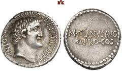RÖMISCHE MÜNZEN IMPERATORISCHE PRÄGUNGEN. Marcus Antonius, † 30 v. Chr. AR-Denar, 32 v. Chr.., Athen, M. Iunius Silanus; 3,84 g. Kopf r.//Schrift in zwei Zeilen. Bab. 97; BMC 175; Crawf. 542/1; Sear 3