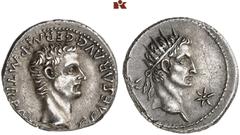 RÖMISCHE MÜNZEN MÜNZEN DER RÖMISCHEN KAISERZEIT. Gaius Caligula, 37-41. - und Divus Augustus. AR-Denar, 37/38, Lugdunum; 3,86 g. Kopf des Caligula r.//Kopf des Divus Augustus r. mit Strahlenbinde, l. 