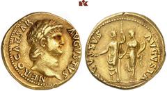 RÖMISCHE MÜNZEN MÜNZEN DER RÖMISCHEN KAISERZEIT. Nero, 54-68. AV-Aureus, 65/66, Rom; 7,29 g. Kopf r. mit Lorbeerkranz//Kaiser mit Patera und Zepter und Kaiserin mit Patera und Füllhorn stehen l. BMC 5