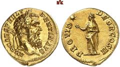RÖMISCHE MÜNZEN MÜNZEN DER RÖMISCHEN KAISERZEIT. Pertinax, 193. AV-Aureus, Rom; 7,15 g. Kopf r. mit Lorbeerkranz//Providentia steht l., die Rechte zu einem Stern erhoben. BMC 11; Calicó 2389; Coh. 42;