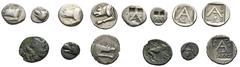 GREEK COINS PELOPONNESUS ARGOLIS. ARGOS. a) AR-Triobol; 490/460 v. Chr.; 2,81 g. Wolfskopf l.//A in Incusum. Hoover 662; Slg. BCD vergl. 1015. b) AR-Obol; 490/460 v. Chr.; 0,86 g. Wolfskopf l.//A in I