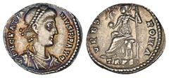 ROMAN COINS MÜNZEN DER RÖMISCHEN KAISERZEIT Gratianus, 367-383. AR-Siliqua, 375/378, Treveri; 2,09 g. Drapierte Büste r. mit Perldiadem//Roma sitzt l. auf Panzer mit Victoria auf Globus und Speer. RIC