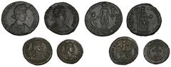 ROMAN COINS MÜNZEN DER RÖMISCHEN KAISERZEIT Theodosius I., 379-395. Æ-Maiorina, 378/383, Siscia, 2. Offizin; 5,29 g. a) Drapierte Büste r. mit Perldiadem//Kaiser steht l. mit Victoria auf Globus und e