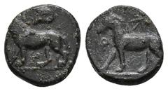 GREEK COINS CYPRUS SALAMIS. Euagoras II., 361-351 v. Chr. Æs; 2,71 g. Löwe geht l., darüber Widderkopf l.//Pferd geht l., davor Ankh-Symbol, oben Stern. Tziambazis 129. R Dunkelbraune Patina, sehr sch