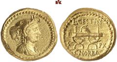 MÜNZEN DER ANTIKEN WELT AUS VERSCHIEDENEM BESITZ RÖMISCHE MÜNZEN. IMPERATORISCHE PRÄGUNGEN. Octavianus AV-Aureus, 43 v. Chr., Rom, L. Cestius und C. Norbanus; 8,10 g. Afrikakopf r.// Curulischer Stuhl