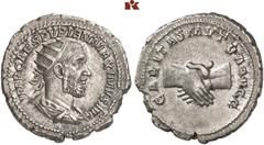 MÜNZEN DER ANTIKEN WELT AUS VERSCHIEDENEM BESITZ RÖMISCHE MÜNZEN. MÜNZEN DER RÖMISCHEN KAISERZEIT. Pupienus, 238 AR-Antoninian, Rom; 4,61 g. Drapierte Büste r. mit Strahlenbinde//Handschlag. BMC 87; C