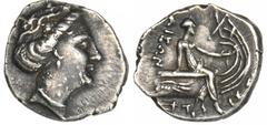 GREEK COINS EUBOEA HISTIAIA. AR-Tetrobol, 3./2. Jahrhundert v. Chr.; 2,42 g. Kopf der Nymphe Histiaia r.//Nymphe Histiaia sitzt r. mit Stylis auf mit einem Flügel geschmückten Schiffsheck, unten Dreiz