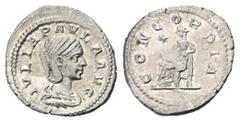 ROMAN COINS MÜNZEN DER RÖMISCHEN KAISERZEIT Antoninus IV. Elagabal, 218-222 für Julia Paula. AR-Denar, 219/220, Rom; 3,13 g. Drapierte Büste r.//Concordia sitzt l. mit Patera, davor Stern. BMC 173; Co