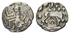 CELTIC COINS GALLIA TREVERI. AR-Quinar, 85/50 v. Chr.; 1,12 g. Mann sitzt l., davor Baum (?), unten Schlange//Stilisiertes Pferd l., darunter Ringel. Delestrée/Tache 201. Winz. Kratzer, sehr schön Exe