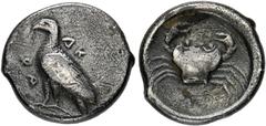 GREEK COINS SICILIA AKRAGAS. AR-Didrachme, 480/470 v. Chr.; 8,15 g. Adler steht l.//Krebs. Westermark, Akragas 245.13 (dies Exemplar). Kratzer, etwas korrodiert, fast sehr schön Exemplar der Auktion J