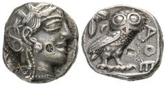 GREEK COINS ATTICA ATHEN. AR-Tetradrachme, um 420/405 v. Chr.; 17,12 g. Athenakopf r. mit attischem Helm, auf der Wange runder Gegenstempel: fünffach geteiltes Incusum//In Incusum: Eule r., dahinter O