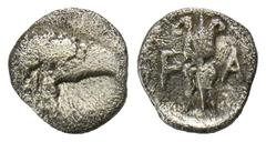 GREEK COINS PELOPONNESUS ELIS. OLYMPIA. AR-Obol, um 396/380 v. Chr., Zeustempel; 0,8 g. Adlerkopf r.//Blitz. Hoover 468; Slg. BCD 97. R Fast sehr schön Exemplar der Fritz Rudolf Künker eLive Auction 4