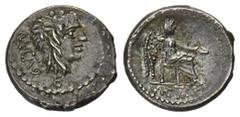 ROMAN COINS MÜNZEN DER RÖMISCHEN REPUBLIK AR-Quinar, 89 v. Chr., Rom, M. Porcius Cato; 2,24 g. Liberkopf r. mit Efeukranz, darunter E//Victoria sitzt r. mit Patera. Bab. 7; BMC 664; Crawf. 343/2 b; Ki