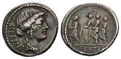 ROMAN COINS MÜNZEN DER RÖMISCHEN REPUBLIK AR-Denar, 54 v. Chr., Rom, M. Junius Brutus; 4,02 g. Libertasbüste r.//Der Konsul L. Junius Brutus geht zwischen zwei Liktoren l., davor Accensus. Bab. 31; BM