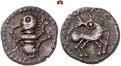 KELTISCHE MÜNZEN GERMANIA. ANONYM. AR-Quinar, 65/40 v. Chr.; 1,65 g. "Tanzendes Männlein" mit Torques und Schlange// Pferd r., Kopf zurückgewandt. Schulze-Forster Gruppe I; Slg. Flesche 408. Gutes seh