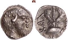 GRIECHISCHE MÜNZEN SICILIA. KATANE. AR-Litra, 464/450 v. Chr.; 0,55 g. Silenkopf r.//Geflügelter Blitz zwischen zwei Voluten, unten gorytosartiger Gegenstand. Boehringer Reihe 1, Li 1; SNG ANS -; SNG 