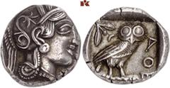 GRIECHISCHE MÜNZEN ATTICA. ATHEN. AR-Tetradrachme, um 420/405 v. Chr.; 17,17 g. Athenakopf r. mit attischem Helm//In Incusum: Eule r., dahinter Olivenzweig und Mondsichel. Flament Gruppe III. Dunkle T