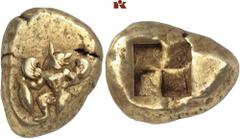 GRIECHISCHE MÜNZEN MYSIA. KYZIKOS. El-Stater, 500/450 v. Chr.; 15,76 g. Geflügeltes Fabelwesen (Phobos?) mit Tierkopf im Knielauf l., Kopf r., mit Thunfisch//Viergeteiltes Incusum. SNG France 271; v. 