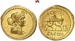 RÖMISCHE MÜNZEN IMPERATORISCHE PRÄGUNGEN. Octavianus. AV-Aureus, 43 v. Chr., Rom, L. Cestius und C. Norbanus; 8,12 g. Afrikakopf r.// Curulischer Stuhl, darauf korinthischer Helm. Bab. 1; BMC 4191; Ca