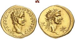 RÖMISCHE MÜNZEN MÜNZEN DER RÖMISCHEN KAISERZEIT. Gaius Caligula, 37-41, und Divus Augustus. AV-Aureus, 37/38, Lugdunum; 6,75 g. Kopf des Caligula r.//Kopf des Divus Augustus r. mit Strahlenbinde, l. u