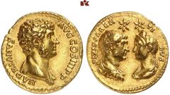 RÖMISCHE MÜNZEN MÜNZEN DER RÖMISCHEN KAISERZEIT. Hadrianus, 117-138 - für Divus Traianus und Diva Plotina. AV-Aureus, 137 (oder 138), Rom; 7,19 g. Kopf des Hadrianus r., l. drapiert//Drapierte Büsten 