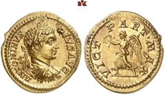 RÖMISCHE MÜNZEN MÜNZEN DER RÖMISCHEN KAISERZEIT. Antoninus III. Caracalla, 198-217. AV-Aureus, 201/206, Rom; 7,19 g. Drapierte Büste r. mit Lorbeerkranz//Victoria geht l. mit Kranz und Palmzweig. BMC 