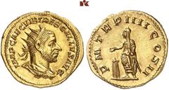 RÖMISCHE MÜNZEN MÜNZEN DER RÖMISCHEN KAISERZEIT. Trebonianus Gallus, 251-253. AV-Binio, 253, Rom; 5,85 g. Drapierte Büste r. mit Strahlenbinde// Kaiser steht l. mit Patera und opfert über Dreifuß. Cal