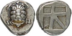 GREEK COINS AEGINA AEGINA. AR-Stater, 445/430 v. Chr.; 12,29 g. Landschildkröte//Fünffach geteiltes Incusum. Hoover 437; SNG Delepierre 1803. R Kl. Kratzer auf dem Avers, sehr schön