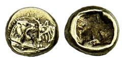 GREEK COINS LYDIA Kroisos, 561-546 v. Chr. AV-1/12 Stater (leichter Standard), Sardeis; 0,48 g. Löwen- und Stierprotome einander gegenüber//Incusum. SNG München 9. RR Gutes sehr schön Kroisos, der Soh