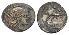 ROMAN COINS MÜNZEN DER RÖMISCHEN REPUBLIK AR-Quinar, nach 211 v. Chr., Rom, anonym; 1,84 g. Romakopf r. mit geflügeltem Helm, dahinter V//Dioskuren reiten r., unten auf Balken: ROMA. BMC 9; Crawf. 44/