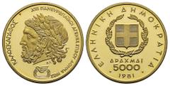 EUROPEAN COINS AND MEDALS EUROPEAN COINS AND MEDALS GREECE Republik. 5.000 Drachmen 1981. XIII. Leichtathletik-Europameisterschaften 1982 in Athen. Zeus. 11,25 g Feingold. Fb. 23 a; Karamitsos S. 181,