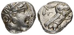 GREEK COINS ATTICA ATHEN. AR-Tetradrachme, um 350/295 v. Chr.; 17,21 g. Athenakopf r. mit attischem Helm//Eule r., dahinter Olivenzweig und Mondsichel. Flament S. 125 ff., Gruppe Pi. Knapper Schrötlin