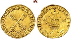 EUROPEAN GOLD COINS AND MEDALS. FRANKREICH/FEODALES. AVIGNON. Clément VII., 1378-1394. Florin d'or o. J. 2,98 g. Duplessy 1804; Fb. 32; Muntoni 3. GOLD. RR Randfehler, sehr schön Als "Avignonesisches 