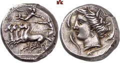 GRIECHISCHE MÜNZEN SICILIA. PANORMOS. Hier geht's zur Video-Besichtigung AR-Tetradrachme, 360/340 v. Chr.; 16,84 g. Quadriga l., Nike bekränzt Lenker, l. Stern//Arethusakopf l., von vier Delphinen umg