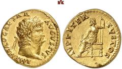 RÖMISCHE MÜNZEN MÜNZEN DER RÖMISCHEN KAISERZEIT. Nero, 54-68. AV-Aureus, 66/67, Rom; 7,38 g. Kopf r. mit Lorbeerkranz//Jupiter sitzt l. mit Blitz und Zepter. BMC 77; Calicó 413; Coh. 120; RIC² 63. Sch