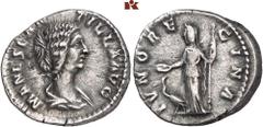 RÖMISCHE MÜNZEN MÜNZEN DER RÖMISCHEN KAISERZEIT. Didius Julianus, 193. - für Manlia Scantilla. AR-Denar, Rom; 3,02 g. Drapierte Büste r.//Iuno steht l. mit Patera und Zepter, davor Pfau. BMC 11; Coh. 