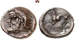 GRIECHISCHE MÜNZEN IN SCHÖNEN ERHALTUNGEN - DIE SAMMLUNG DR. GUY SYLVAIN PAUL BASTIN SCYTHIA. PANTIKAPAION. AR-Diobol 380/370 v. Chr.; 2,27 g. Satyrkopf l.//Löwe l. Hoover 72 (dort als Diobol); MacDon