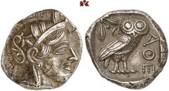 GRIECHISCHE MÜNZEN IN SCHÖNEN ERHALTUNGEN - DIE SAMMLUNG DR. GUY SYLVAIN PAUL BASTIN ATTICA. ATHEN. AR-Tetradrachme, um 440/420 v. Chr.; 17,18 g. Athenakopf r. mit attischem Helm//In Incusum: Eule r.,