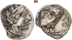 GRIECHISCHE MÜNZEN IN SCHÖNEN ERHALTUNGEN - DIE SAMMLUNG DR. GUY SYLVAIN PAUL BASTIN ATTICA. ATHEN. AR-Tetradrachme, um 420/405 v. Chr.; 17,16 g. Athenakopf r. mit attischem Helm//In Incusum: Eule r.,