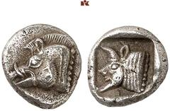 GRIECHISCHE MÜNZEN IN SCHÖNEN ERHALTUNGEN - DIE SAMMLUNG DR. GUY SYLVAIN PAUL BASTIN LYCIA. Unbestimmter Dynast. AR-Diobol, 500/480 v. Chr., unbestimmte Münzstätte; 0,99 g. Eberkopf l.//In Incusum: Me