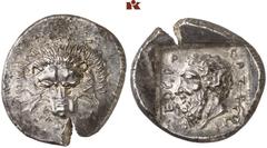 GRIECHISCHE MÜNZEN IN SCHÖNEN ERHALTUNGEN - DIE SAMMLUNG DR. GUY SYLVAIN PAUL BASTIN LYCIA. Mithrapata. AR-Stater, 390/370 v. Chr.; 9,90 g. Löwenmaske v. v.//In Incusum: Bärtiger Kopf l., r. Triskelis