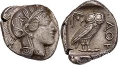 GREEK COINS GREEK COINS ATTICA ATHEN. AR-Tetradrachme, um 440/420 v. Chr.; 16,97 g. Athenakopf r. mit attischem Helm//In Incusum: Eule r., dahinter Olivenzweig und Mondsichel. Flament Gruppe II. Avers
