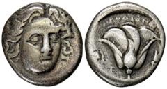 GREEK COINS GREEK COINS CARIA RHODOS. AR-Didrachme, 305/275 v. Chr.; 6,46 g. Helioskopf fast v. v.//Rose, l. E und Weintraube. Ashton, The Coinage of Rhodes 158; SNG Keckman 454 ff. Schön-sehr schön