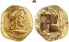 ANTIKE MÜNZEN AUS DER SAMMLUNG ANNEMARIE UND GERD KÖHLMOOS GRIECHISCHE MÜNZEN. MYSIA. KYZIKOS El-Stater, 5./4. Jahrhundert v. Chr.; 16,03 g. Attiskopf r. mit phrygischem Helm, darunter Thunfisch//Vier