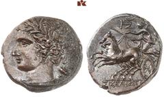 KELTISCHE & GRIECHISCHE MÜNZEN GRIECHISCHE MÜNZEN. SICILIA. MORGANTINA Sikelioten. AR-4 Litren, 214/212 v. Chr.; 3,65 g. Korekopf l. mit Ährenkranz, dahinter Mohnkugel//Nike in Biga l. Sjöqvist 3. R H