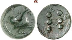 KELTISCHE & GRIECHISCHE MÜNZEN GRIECHISCHE MÜNZEN. SICILIA. PANORMOS Æ-Hemilitra, nach 409 v. Chr.; 13,66 g. Hahn r.//Sechs Wertkugeln. Calciati 1 (ZIZ); Jenkins I, Pl. 24, 18. Grüne Patina, gutes seh