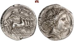 KELTISCHE & GRIECHISCHE MÜNZEN GRIECHISCHE MÜNZEN. SICILIA. PUNIER AR-Tetradrachme, 350/330 v. Chr., Rasch Melqart (= Kephaloidion?); 16,92 g. Quadriga r., Nike bekränzt Lenker//Weiblicher Kopf r., vo